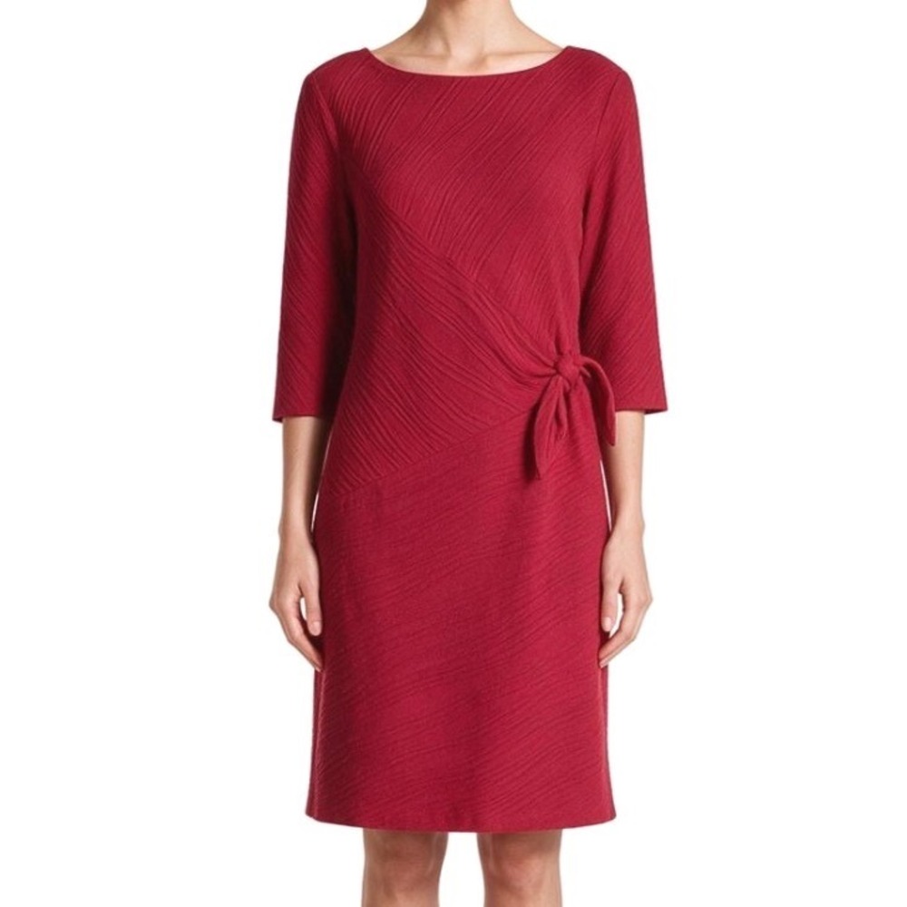 DONNA MORGAN Burgundy TEXTURED KNIT 3/4 Sleeve SIDE-TIE DETAIL Sheath Dress 16
